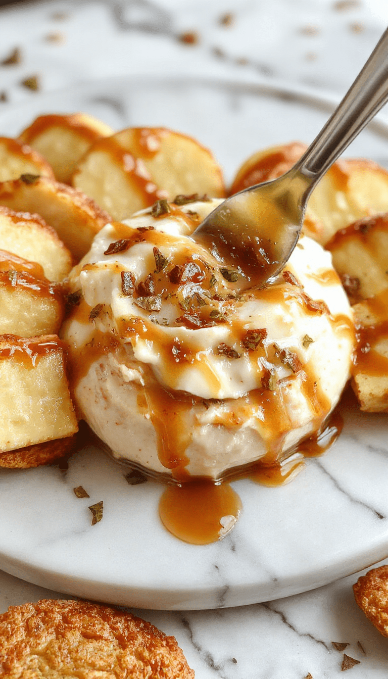 A vibrant bowl of caramel apple cheesecake dip garnished with sliced fresh apples, drizzled with caramel sauce, and sprinkled with crushed graham crackers. The dip has a creamy, smooth texture with a golden caramel topping and colorful apple slices arranged invitingly on a rustic wooden surface.
