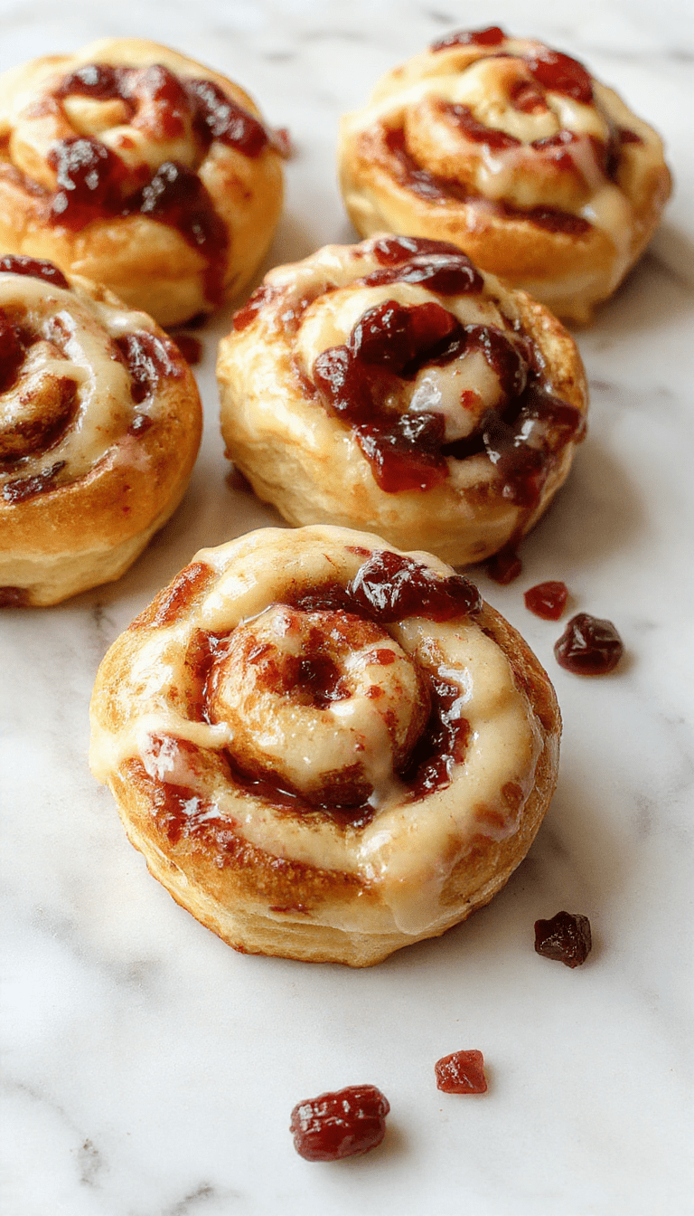 Colorful plated buns with golden crust, filled with vivid red currant jam and creamy cheese swirls, topped with powdered sugar and served on a stylish white plate, exhibiting a soft and fluffy texture with luscious filling and delicate crust.