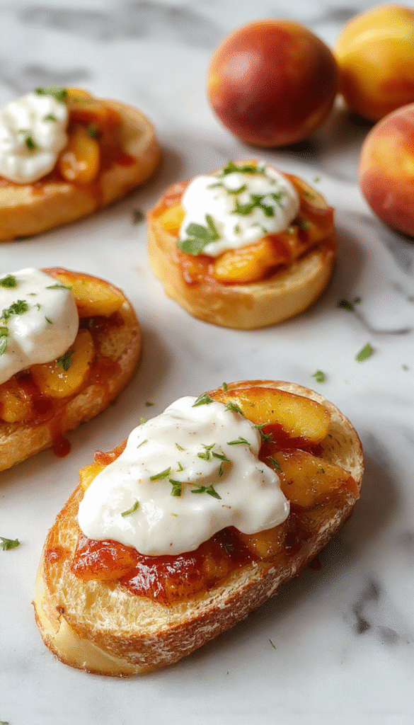 A vibrant plate featuring golden toasted baguette slices topped with creamy white whipped ricotta and fresh, sliced peaches in shades of orange and yellow. Garnished with mint leaves and a drizzle of honey, the presentation is colorful, inviting, and perfect for summer. The textures contrast crisp bread with smooth cheese and juicy fruit, styled with a rustic touch.
