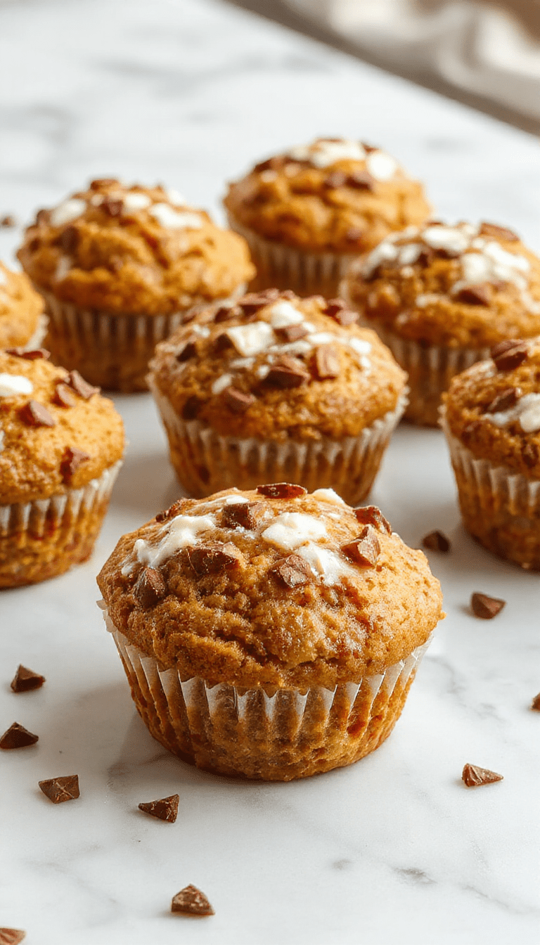 A close-up image of golden-brown pumpkin cottage cheese muffins arranged on a white plate, garnished with a sprinkle of cinnamon. The muffins have a moist, fluffy texture with a slightly cracked surface, surrounded by fresh pumpkin slices and a dusting of powdered sugar. Bright natural lighting highlights the warm hues and inviting appearance of the baked treats.