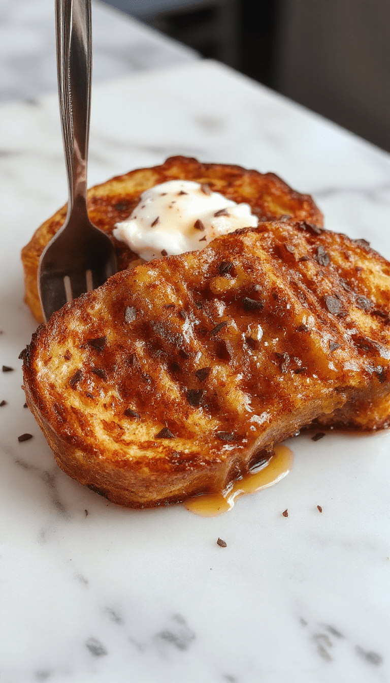 A vibrant plate of pumpkin French toast topped with whipped cream, caramelized pecans, and a drizzle of syrup. The toast is golden brown with a soft interior and crispy edges, garnished with fresh pumpkin slices and powdered sugar, set on a rustic wooden table with autumn-themed decor showcasing warm tones and seasonal elements.