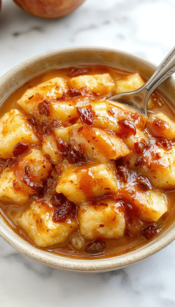 A vibrant, close-up image of a golden-brown caramel apple dump cake in a rustic white bowl, topped with luscious caramel sauce and chunks of tender apples. The cake has a crumbly texture with hints of cinnamon, garnished with a drizzle of caramel and a sprinkle of crushed nuts, set against a blurred warm autumn background.