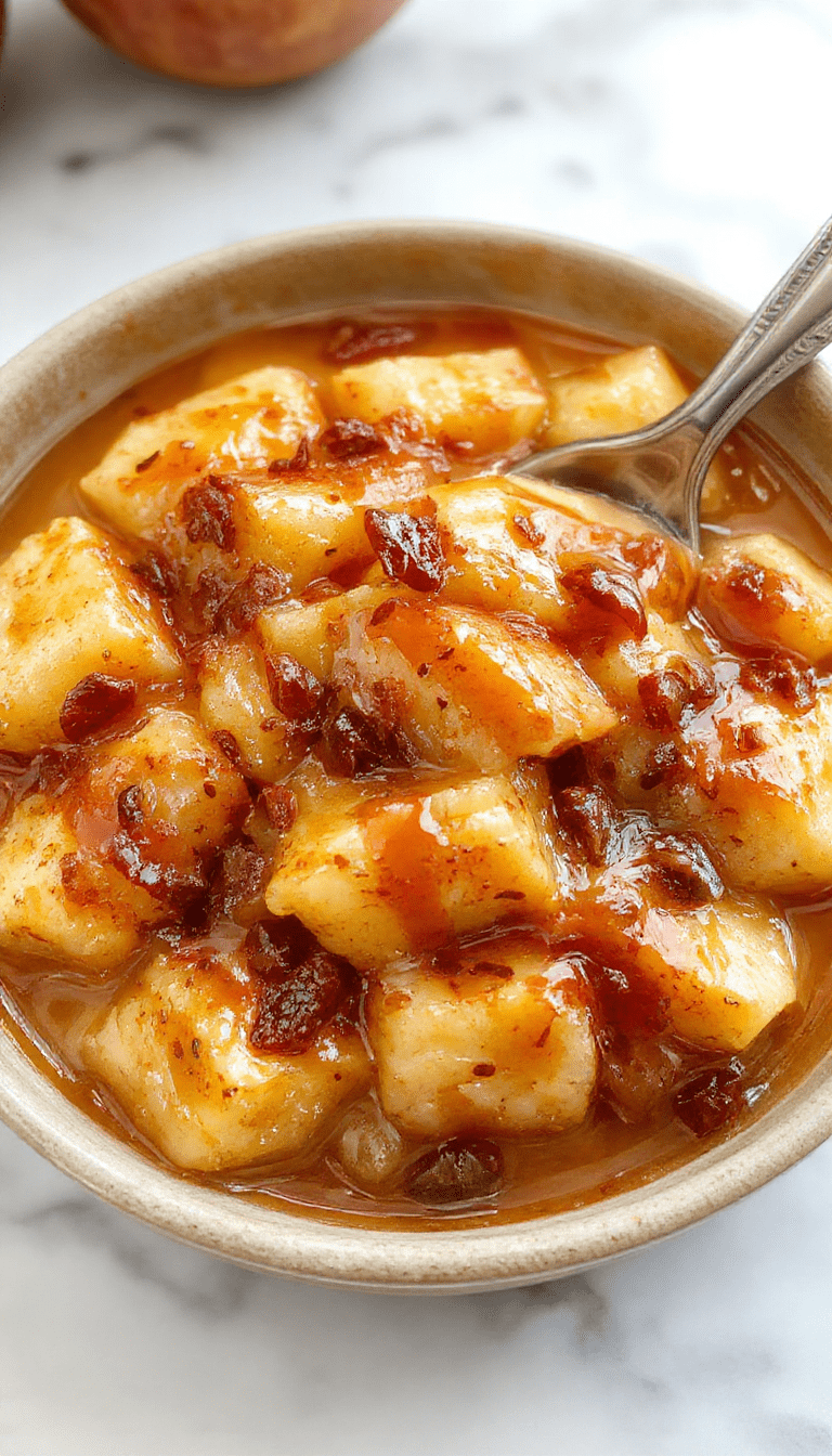 A vibrant, close-up image of a golden-brown caramel apple dump cake in a rustic white bowl, topped with luscious caramel sauce and chunks of tender apples. The cake has a crumbly texture with hints of cinnamon, garnished with a drizzle of caramel and a sprinkle of crushed nuts, set against a blurred warm autumn background.
