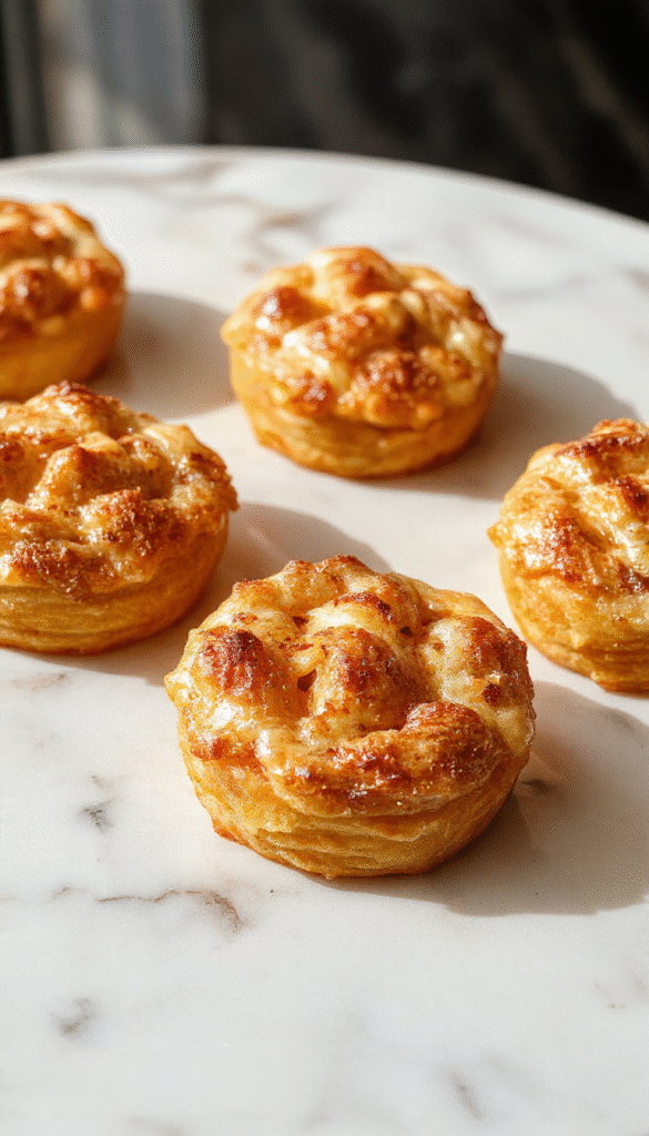Colorful mini apple pies arranged neatly on a rustic white plate, featuring golden brown crusts filled with spiced apple slices and a glossy glaze. The pies are topped with a dusting of cinnamon and powdered sugar, with a few apple slices and cinnamon sticks artfully placed around for garnish. The background showcases a cozy kitchen setting with a wooden table and soft natural lighting, emphasizing the warm and inviting aroma of the freshly baked treats.