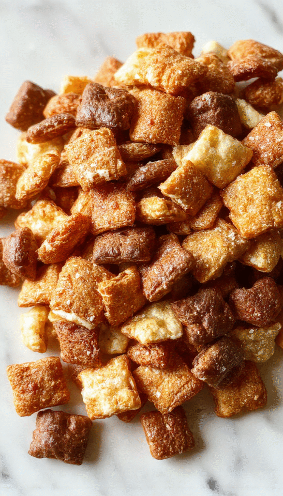 A vibrant, close-up shot of a golden-brown Chex Mix coated in glossy caramel and sprinkled with chopped nuts, presented in a rustic bowl with a sprinkle of sea salt on top, styled with a wooden background and warm lighting.