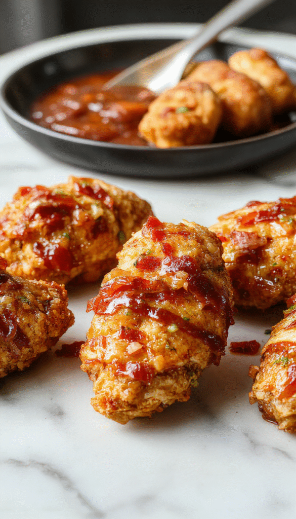 Colorful close-up of crispy chicken tenders glazed with a glossy brown sugar and bacon topping, garnished with fresh herbs on an elegant plate, with drizzles of sauce highlighting the sweet and savory flavors.