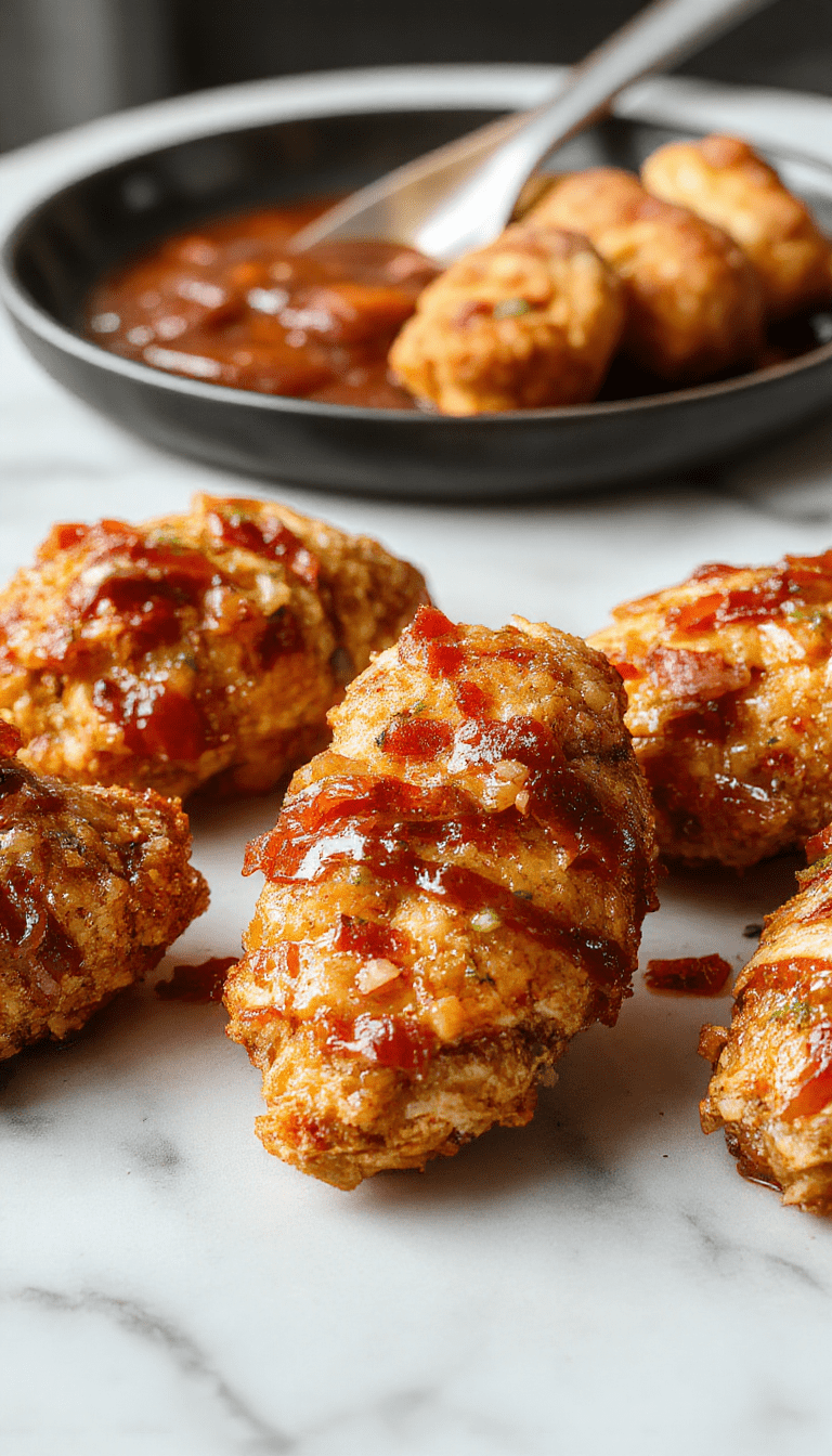 Colorful close-up of crispy chicken tenders glazed with a glossy brown sugar and bacon topping, garnished with fresh herbs on an elegant plate, with drizzles of sauce highlighting the sweet and savory flavors.