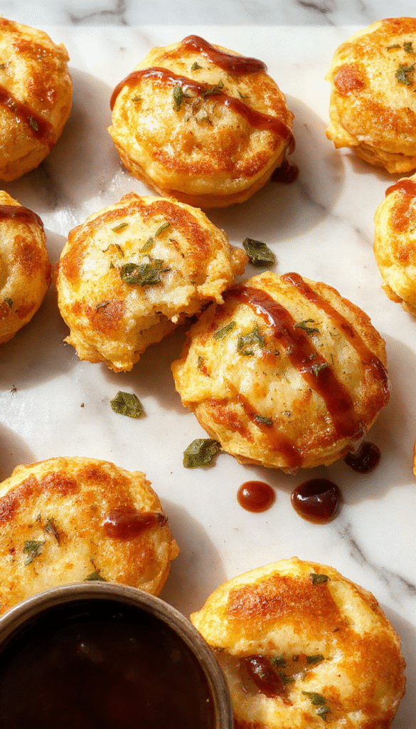 Colorful plate of golden-brown McGriddle Bites arranged neatly on a white ceramic platter, topped with syrup and sprinkled with powdered sugar. The bites have a crispy exterior with soft, fluffy interiors, showcasing a perfect balance of sweet and savory flavors. The presentation is accented with fresh berries and a drizzle of syrup, styled on a rustic wooden table with a bright, inviting background.