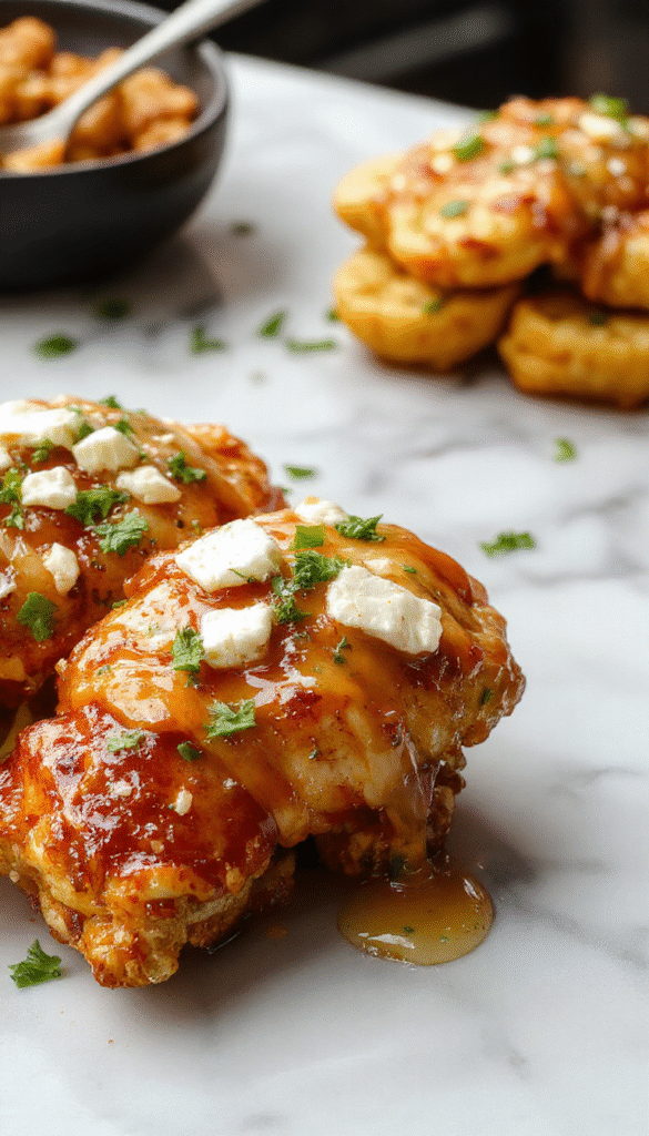 A close-up of a beautifully plated chicken dish topped with a glossy, golden honey glaze and crumbled feta cheese, garnished with fresh herbs, on a rustic white plate with vibrant side vegetables, set against a warm, inviting background.