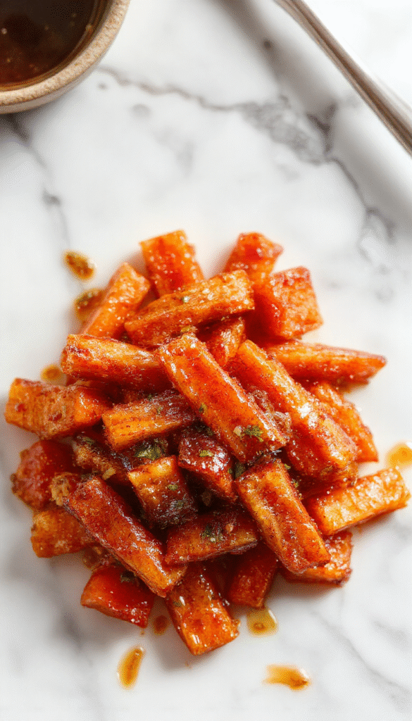 Colorful glazed carrots arranged in a rustic bowl with a glossy, caramelized surface, garnished with fresh herbs, set on a wooden table with a blurred kitchen background.