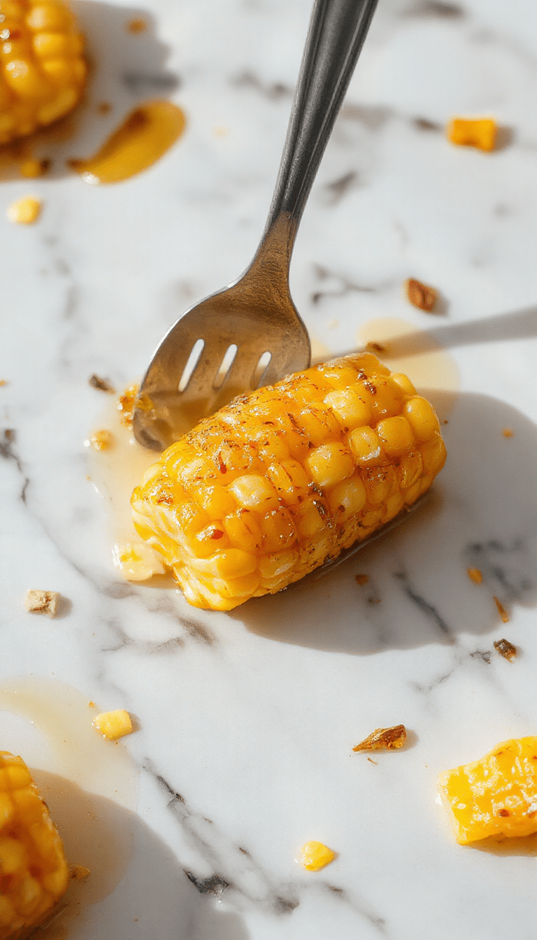 Vivid image of a golden skillet filled with sweet corn kernels coated in glossy honey butter, garnished with fresh herbs and served on a rustic wooden table with bright lighting highlighting the textures.
