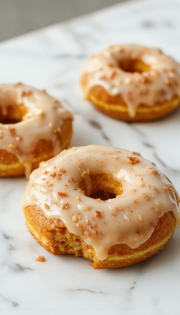 A vibrant plate of golden-brown baked pumpkin donuts topped with cinnamon sugar and drizzled with glaze, arranged on a rustic wooden surface with autumn leaves in the background