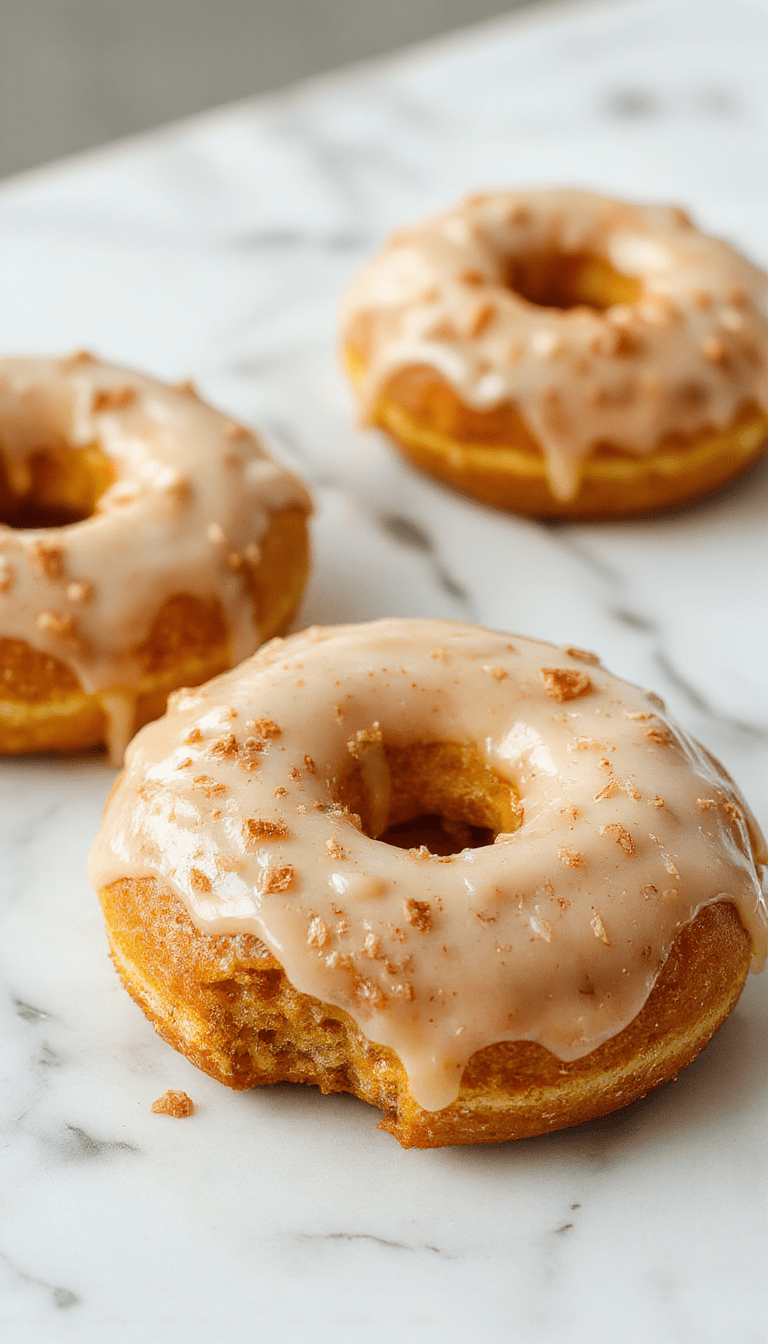 A vibrant plate of golden-brown baked pumpkin donuts topped with cinnamon sugar and drizzled with glaze, arranged on a rustic wooden surface with autumn leaves in the background