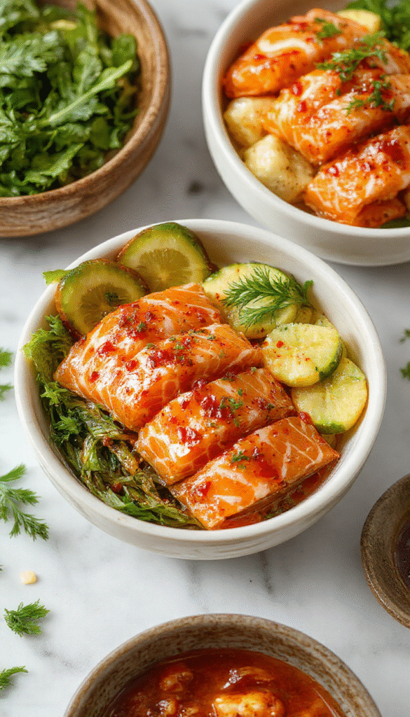 Colorful honey sriracha glazed salmon fillets arranged atop a bowl filled with vibrant steamed vegetables, fluffy rice, drizzled with extra honey sriracha sauce, garnished with fresh cilantro and lime wedges, styled with a rustic wooden background and appealing natural lighting.