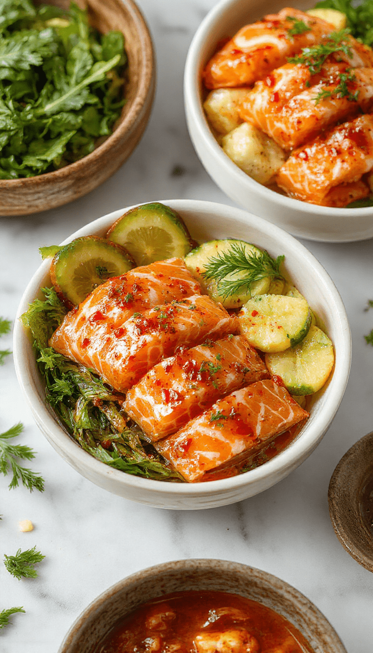 Colorful honey sriracha glazed salmon fillets arranged atop a bowl filled with vibrant steamed vegetables, fluffy rice, drizzled with extra honey sriracha sauce, garnished with fresh cilantro and lime wedges, styled with a rustic wooden background and appealing natural lighting.