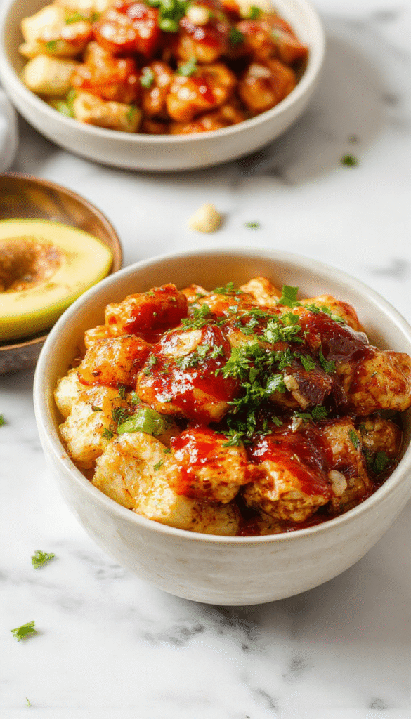 Colorful hot honey chicken bowl featuring tender grilled chicken glazed with vibrant orange-hot honey sauce, served over fluffy rice with fresh herbs and sliced jalapenos, garnished with sesame seeds, all styled on a rustic white plate with a vibrant background highlighting the sweet and spicy textures.
