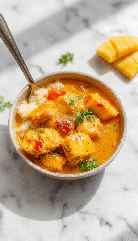 Colorful mango chicken curry with vibrant orange mango chunks, tender pieces of chicken in a rich golden sauce, garnished with fresh cilantro on a white plate, styled with a rustic wooden table background.
