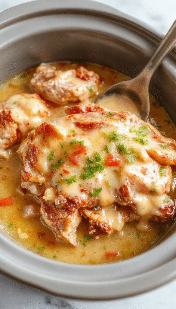 A hearty serving of shredded chicken smothered in rich, creamy gravy on a rustic white plate, garnished with fresh herbs. The dish is in a deep bowl, with a side of steamed vegetables and fluffy mashed potatoes, all set on a wooden table with warm natural lighting highlighting the textures and colors of the meal.