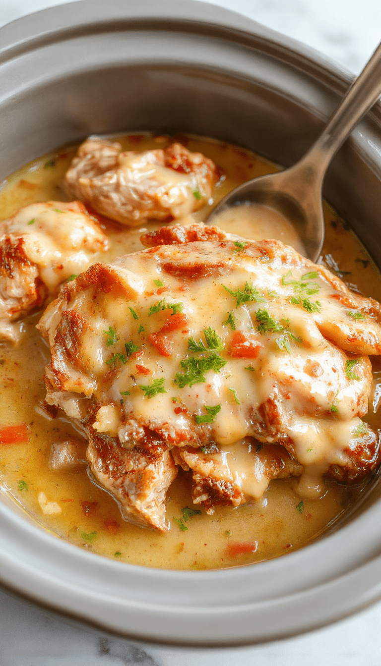 A hearty serving of shredded chicken smothered in rich, creamy gravy on a rustic white plate, garnished with fresh herbs. The dish is in a deep bowl, with a side of steamed vegetables and fluffy mashed potatoes, all set on a wooden table with warm natural lighting highlighting the textures and colors of the meal.