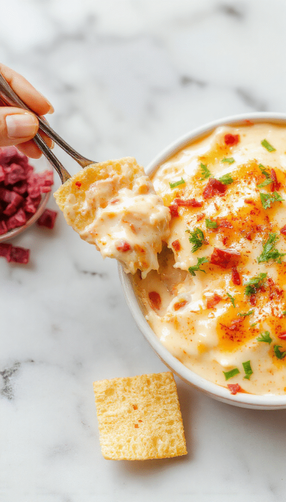 A vibrant bowl of Texas Trash Dip showcasing melted gooey cheese, crispy bacon bits, diced tomatoes, green onions, and a drizzle of sour cream, all presented on a rustic wooden platter with tortilla chips and fresh herbs, styled for a lively party atmosphere.
