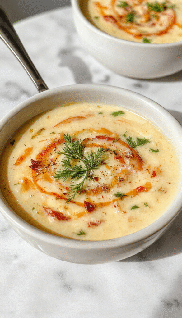 A bowls of rich and creamy Tuscan Parmesan Cream Soup topped with freshly grated Parmesan and chopped herbs, served in rustic white bowls on a wooden table, with a spoon resting beside. The vibrant green garnish contrasts beautifully with the creamy beige soup, evoking warmth and comfort.