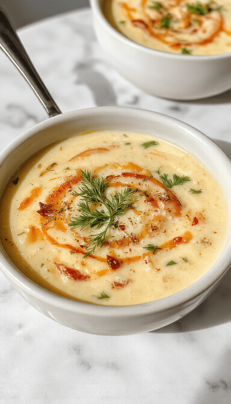 A bowls of rich and creamy Tuscan Parmesan Cream Soup topped with freshly grated Parmesan and chopped herbs, served in rustic white bowls on a wooden table, with a spoon resting beside. The vibrant green garnish contrasts beautifully with the creamy beige soup, evoking warmth and comfort.