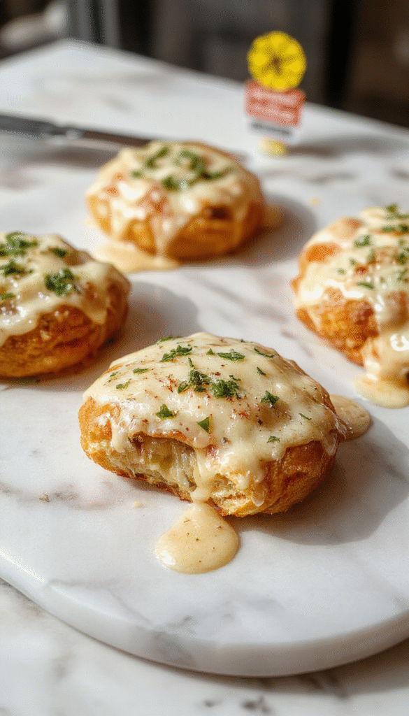 A close-up of golden-brown cheesy garlic rolls on a rustic wooden platter, topped with melted cheese and crispy garlic slices, with a drizzle of herbs, styled with fresh parsley and a side of dipping sauce.