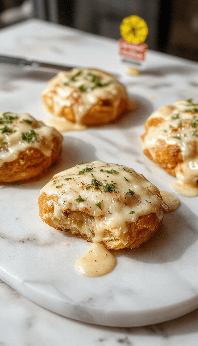 A close-up of golden-brown cheesy garlic rolls on a rustic wooden platter, topped with melted cheese and crispy garlic slices, with a drizzle of herbs, styled with fresh parsley and a side of dipping sauce.