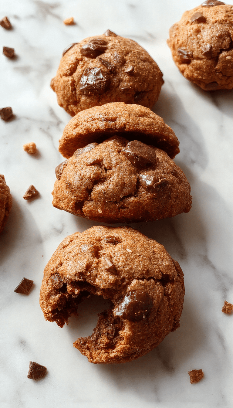 A close-up of a freshly baked pan of fudgy chewy browkies with a golden-brown crust, showcasing a layered texture with chocolate chunks and cookie swirls, topped with a light dusting of powdered sugar, styled on a rustic wooden surface with a slice cut out revealing the gooey interior.