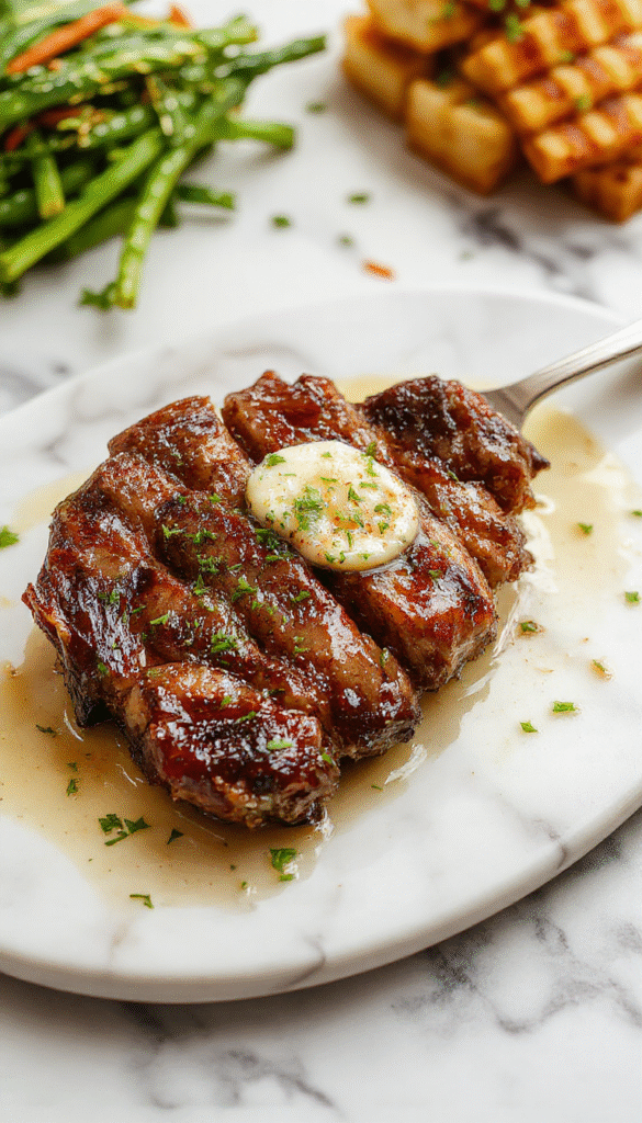 A juicy perfectly cooked steak topped with melted garlic herb butter on a rustic wooden platter, garnished with fresh parsley, accompanied by roasted vegetables and a glass of red wine, with a textured tablecloth background.