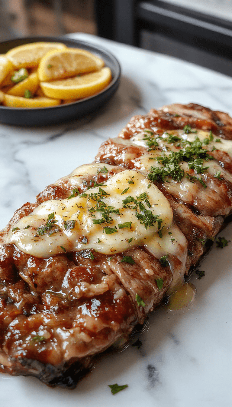 A beautifully plated garlic butter steak featuring a perfectly seared, juicy beef cut topped with melted garlic herb butter. The steak is garnished with fresh parsley, served with charred lemon wedges and a side of roasted vegetables, all displayed on a rustic wooden platter. The rich, golden-brown crust sparkles under soft lighting, highlighting its tender, succulent interior and flavorful glaze.