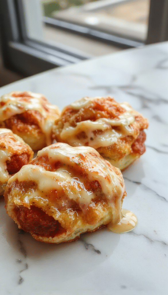 Golden brown pigs in a blanket wrapped in flaky puff pastry, arranged on a white plate garnished with fresh herbs. The sausages are plump and juicy, with crispy edges from baking, and the pastry has a glossy finish. The presentation is inviting and perfect for parties or casual gatherings.