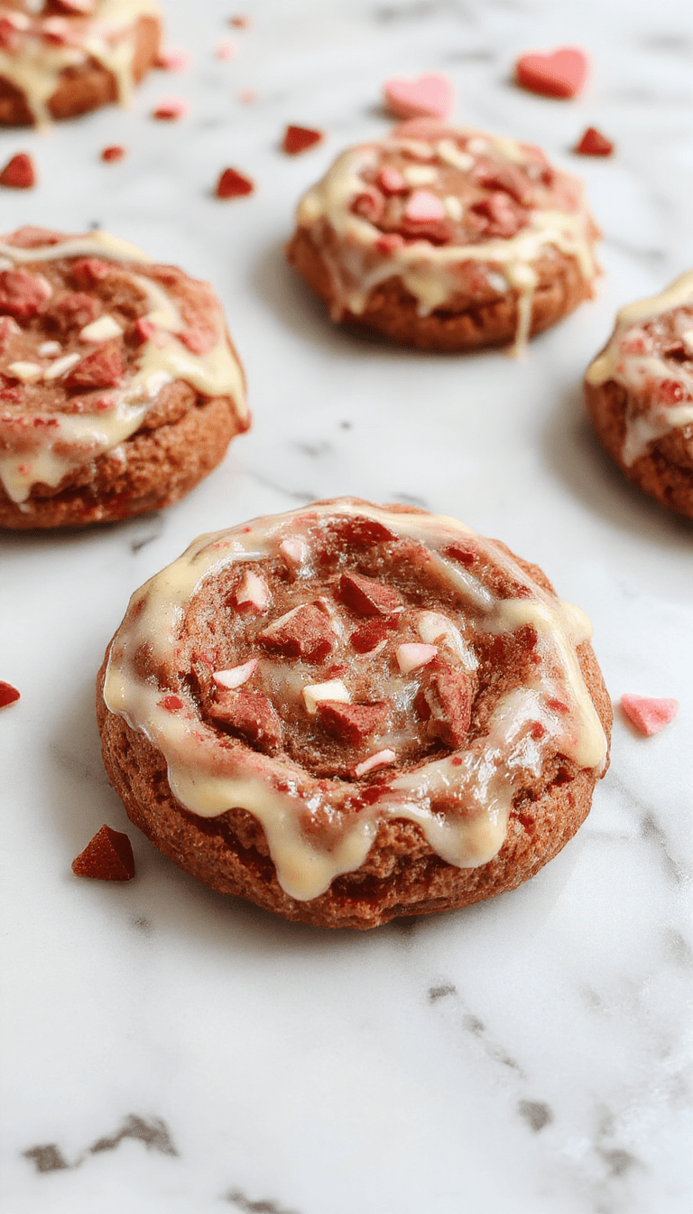 A close-up of glossy chocolate ganache-filled cookies arranged on a white plate with a romantic red background. The cookies have a smooth, shiny surface with a rich, dark chocolate color, and are decorated with small red heart-shaped sprinkles, evoking love and sweetness. The textures highlight the luscious ganache filling peeking out from the cookies, creating an irresistible and festive look.