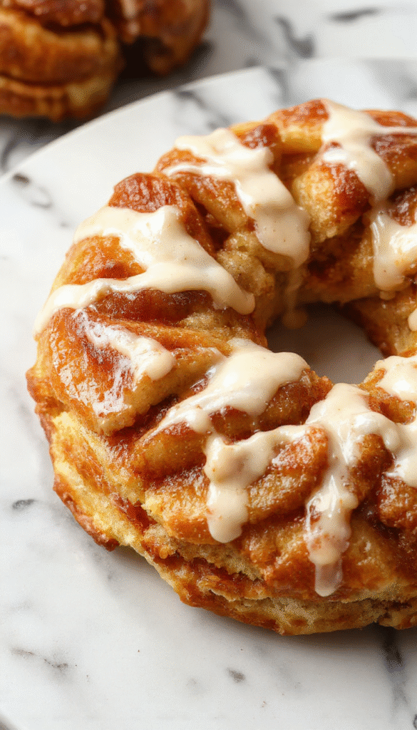 Colorful apple kringle pastry beautifully plated with a glossy vanilla glaze drizzled over the golden-brown flaky crust. Fresh apple slices are visible inside, with a sprinkle of cinnamon. The pastry is styled on a rustic wooden board with a light dusting of powdered sugar, capturing a warm, inviting dessert scene with soft natural lighting.