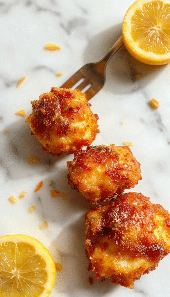 Golden-brown air fryer lemon chicken bites arranged on a white plate garnished with fresh lemon slices and parsley, showcasing a crispy exterior and juicy interior, with vibrant yellow lemon wedges adding a pop of color and fresh herbs for garnish.