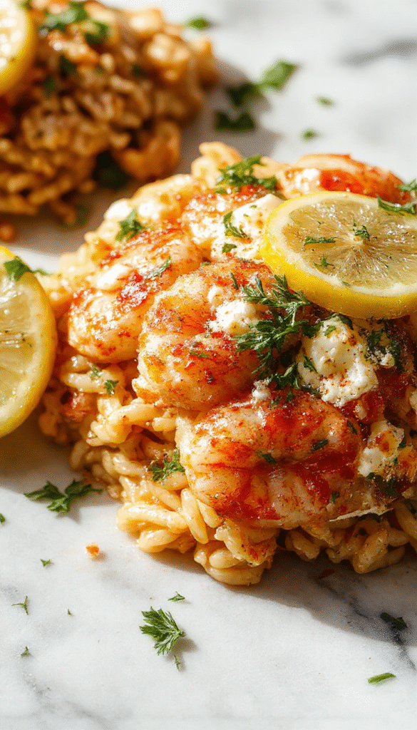 A vibrant plate featuring fluffy al dente orzo pasta topped with succulent pink shrimp, crumbled white feta cheese, and bright yellow lemon zest, garnished with fresh herbs, presented on a clean white dish with a lemon wedge beside, against a rustic wooden background.