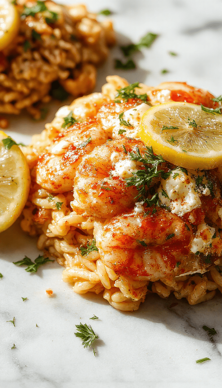 A vibrant plate featuring fluffy al dente orzo pasta topped with succulent pink shrimp, crumbled white feta cheese, and bright yellow lemon zest, garnished with fresh herbs, presented on a clean white dish with a lemon wedge beside, against a rustic wooden background.