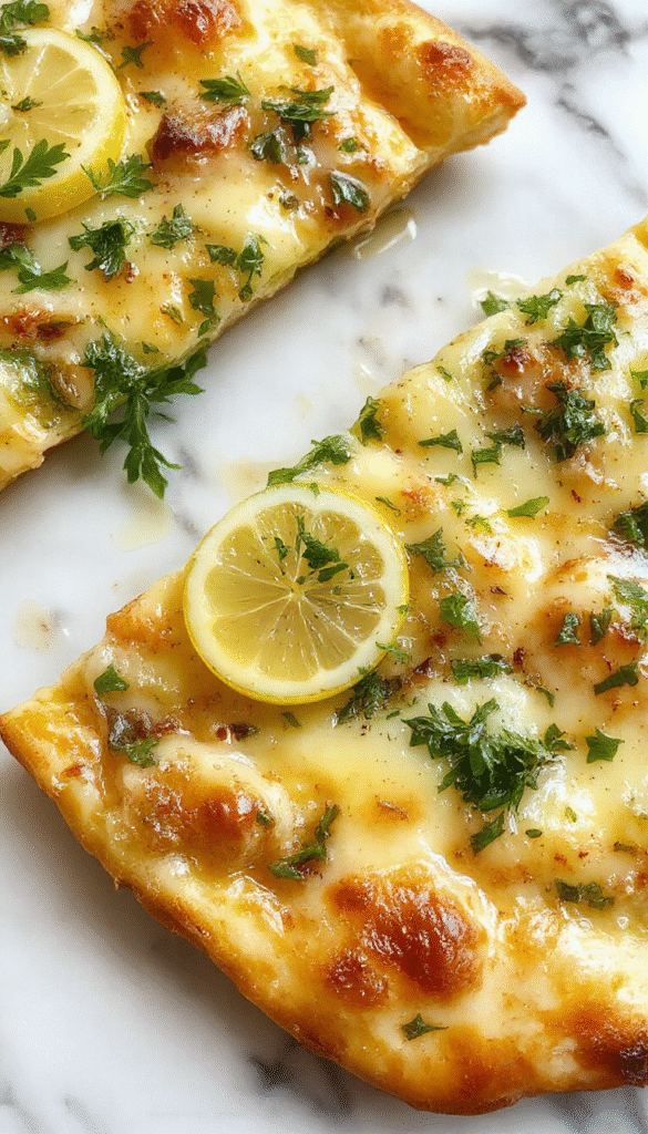 A vibrant lemon pizza topped with fresh green herbs, sliced lemon wedges, and a golden crust, styled on a rustic wooden board with a sprinkle of herbs and a drizzle of olive oil, bright and inviting.