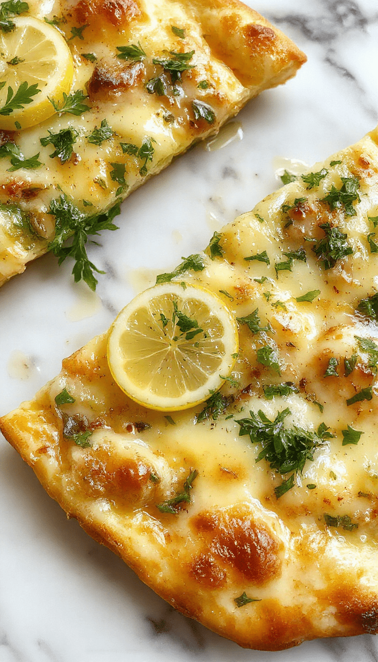 A vibrant lemon pizza topped with fresh green herbs, sliced lemon wedges, and a golden crust, styled on a rustic wooden board with a sprinkle of herbs and a drizzle of olive oil, bright and inviting.