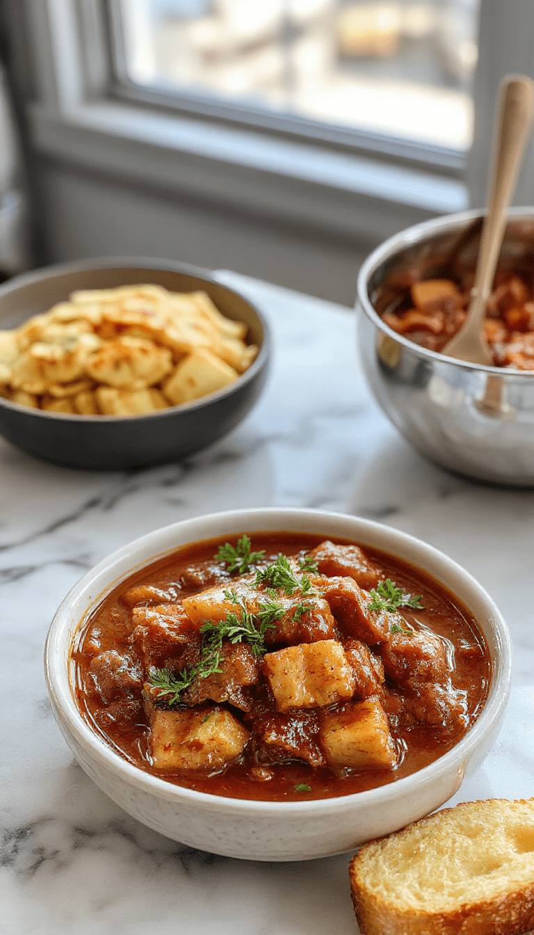 A rustic white bowl filled with rich, dark red German goulash topped with fresh chopped parsley, served alongside crusty bread on a wooden table, steam rising from the hearty stew, with colorful vegetables and tender beef chunks visible.