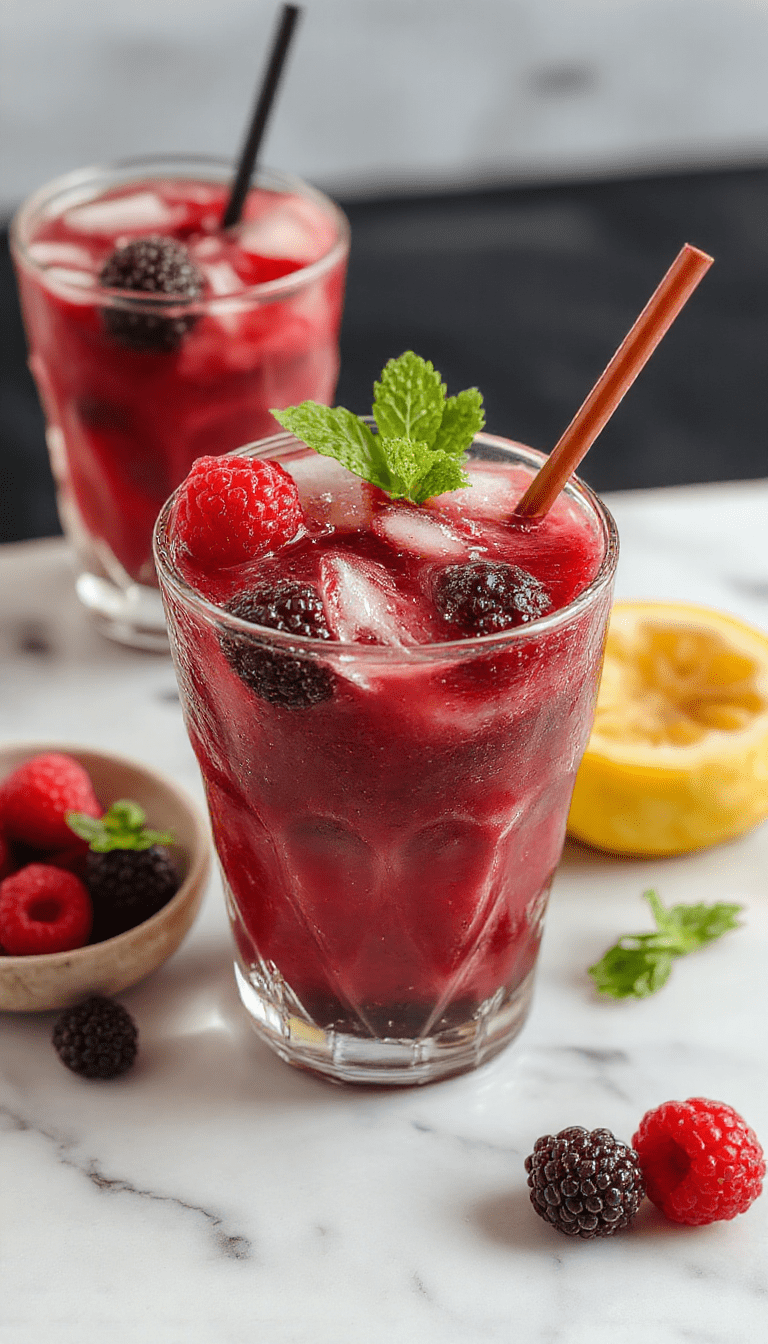 A vibrant and colorful glass filled with a ruby-red Blackberry Margarita Smash garnished with fresh blackberries, lime wedges, and mint leaves on a rustic wooden table, with a salt-rimmed glass showcasing the icy texture and fresh ingredients inside.