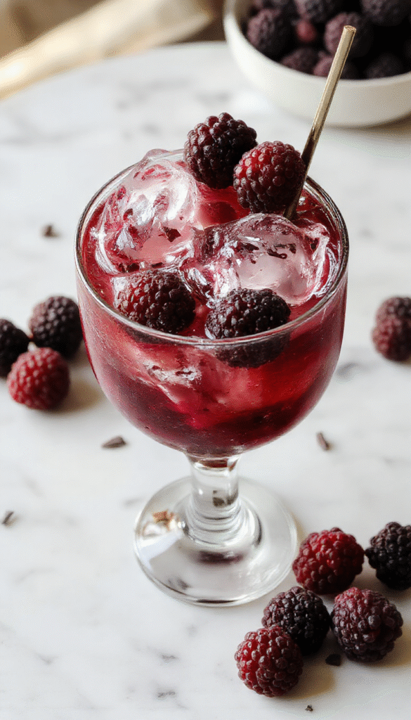 A vibrant purple Blackberry Rum Cocktail in a sleek martini glass, garnished with fresh blackberries and a sprig of mint on a dark elegant table, with a blurred background highlighting the glossy surface and luscious fruit accents.