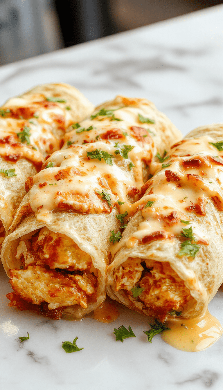 A vibrant plate showcasing juicy grilled chicken slices wrapped in soft flour tortillas, topped with melted cheese, minced garlic, fresh herbs, and a drizzle of creamy sauce. The wraps are sliced open revealing gooey cheese and seasoned chicken, with a background of colorful ingredients and rustic wooden table styling.