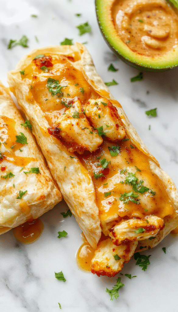 Colorful cheery plate featuring golden crispy chicken wraps bursting with melted cheese, garnished with fresh parsley, occupying a stylish white dish on a rustic wooden table, with a side of creamy garlic sauce and vibrant salad elements, showcasing textures from crunchy exterior to gooey cheese and tender chicken.