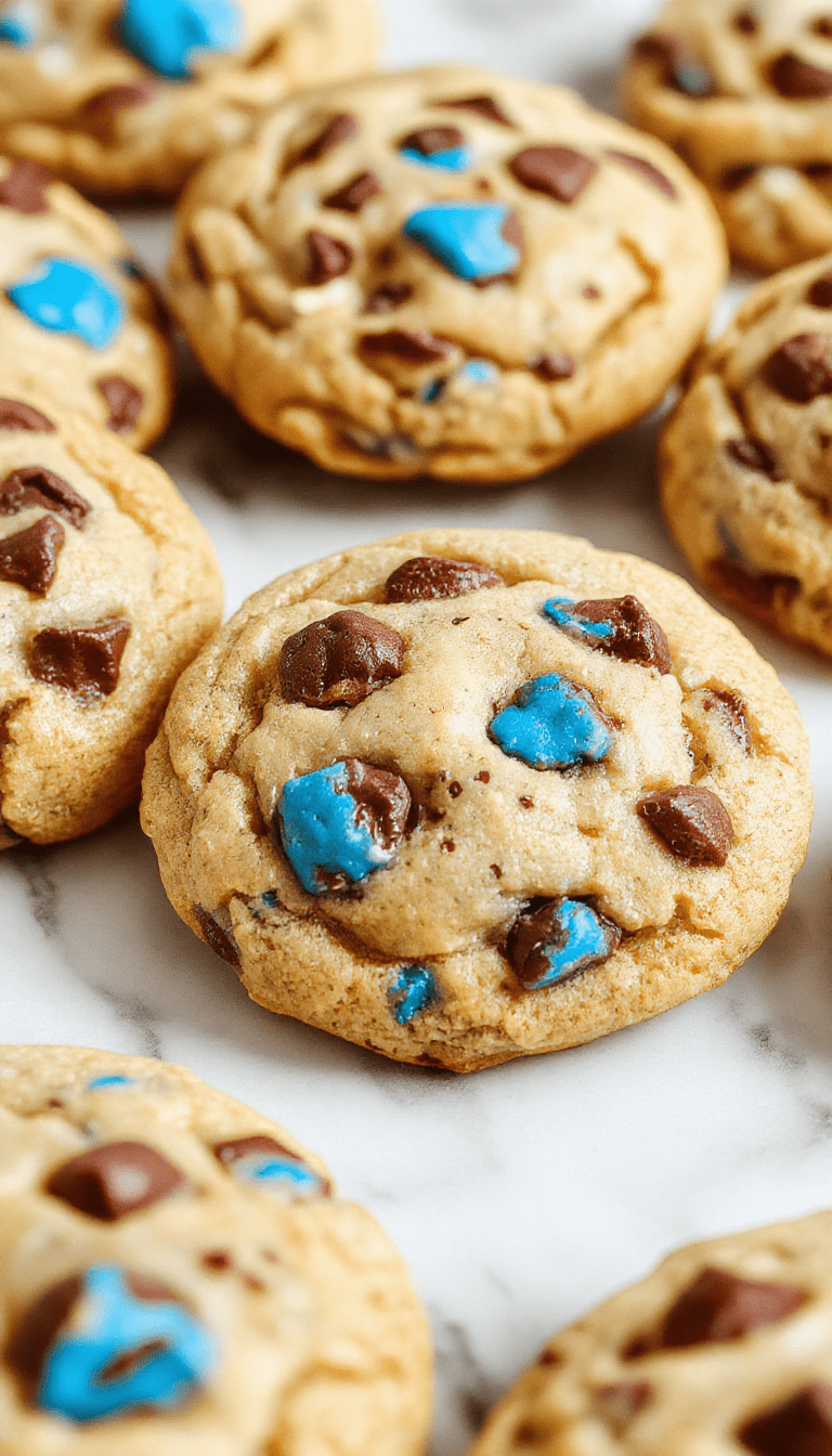 Colorful and playful cookie monster cookies arranged neatly on a vibrant plate, featuring bright blue cookie dough with scattered chocolate chips, topped with candy eyes for a whimsical look, showcasing their chewy texture and soft crumb.