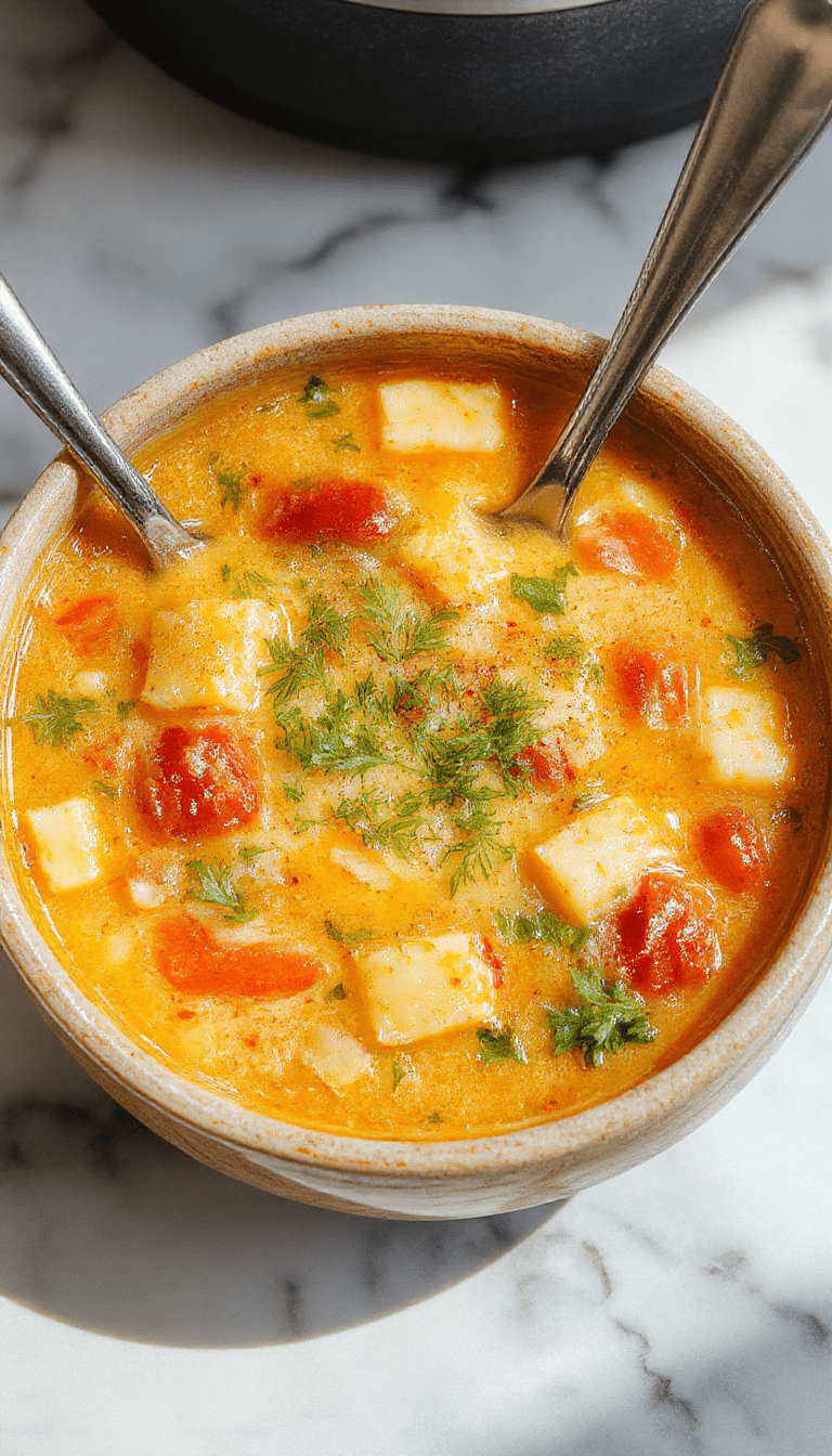 A vibrant bowl of creamy vegetable soup with colorful diced carrots, zucchini, and spinach, topped with fresh herbs and a drizzle of cream, served in a rustic white bowl on a wooden table, with a spoon and extra vegetables in the background.