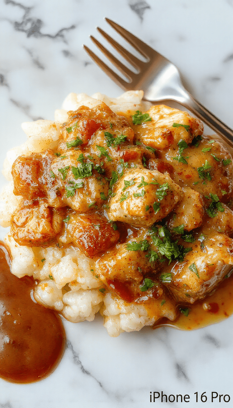A vibrant plated dish featuring tender shredded chicken smothered in a rich gravy with golden-brown rice, garnished with fresh herbs, on a rustic wooden table with warm, inviting lighting.