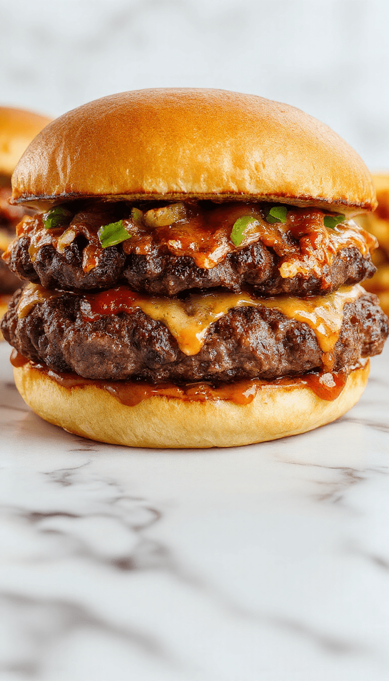 A visually appealing plate featuring crispy crack burgers stacked with spicy sauce, fresh lettuce, melted cheese, and crispy bacon, served on a rustic wooden platter with scattered pickles and sides, vibrant colors, textures from juicy patties to crunchy toppings, styled with fresh herbs and a drizzle of sauce.