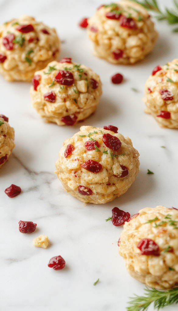Golden-brown cranberry turkey stuffing balls arranged on a white platter, garnished with fresh herbs and drizzled with cranberry sauce, with a rustic wooden table background, vibrant red cranberries, and crispy textures.