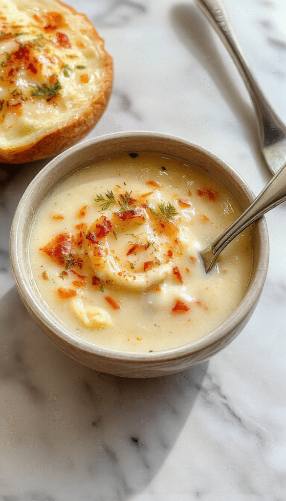 A hearty bowl of baked potato soup topped with crispy bacon, shredded cheddar cheese, sliced green onions, and a dollop of sour cream, served in a rustic white bowl on a wooden table with fresh herbs and warm lighting, showcasing the creamy texture and inviting presentation.